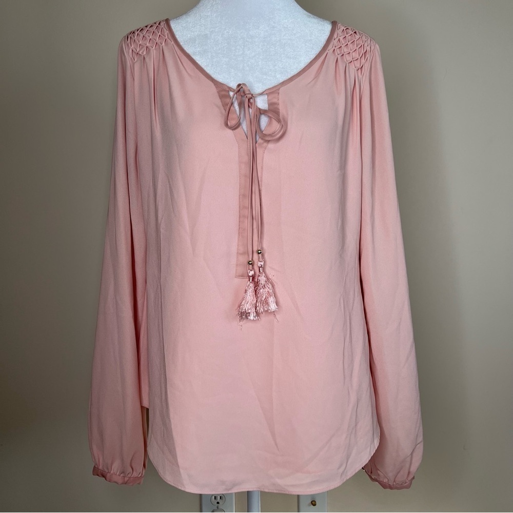 ! White House Black Market Blouse Pastel Pink Drawstring Peasant Sleeve